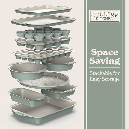 Nonstick Stackable Bakeware Set - Durable, Easy Release Baking Set- 22 Pc. Includes Silicone Muffin Cups