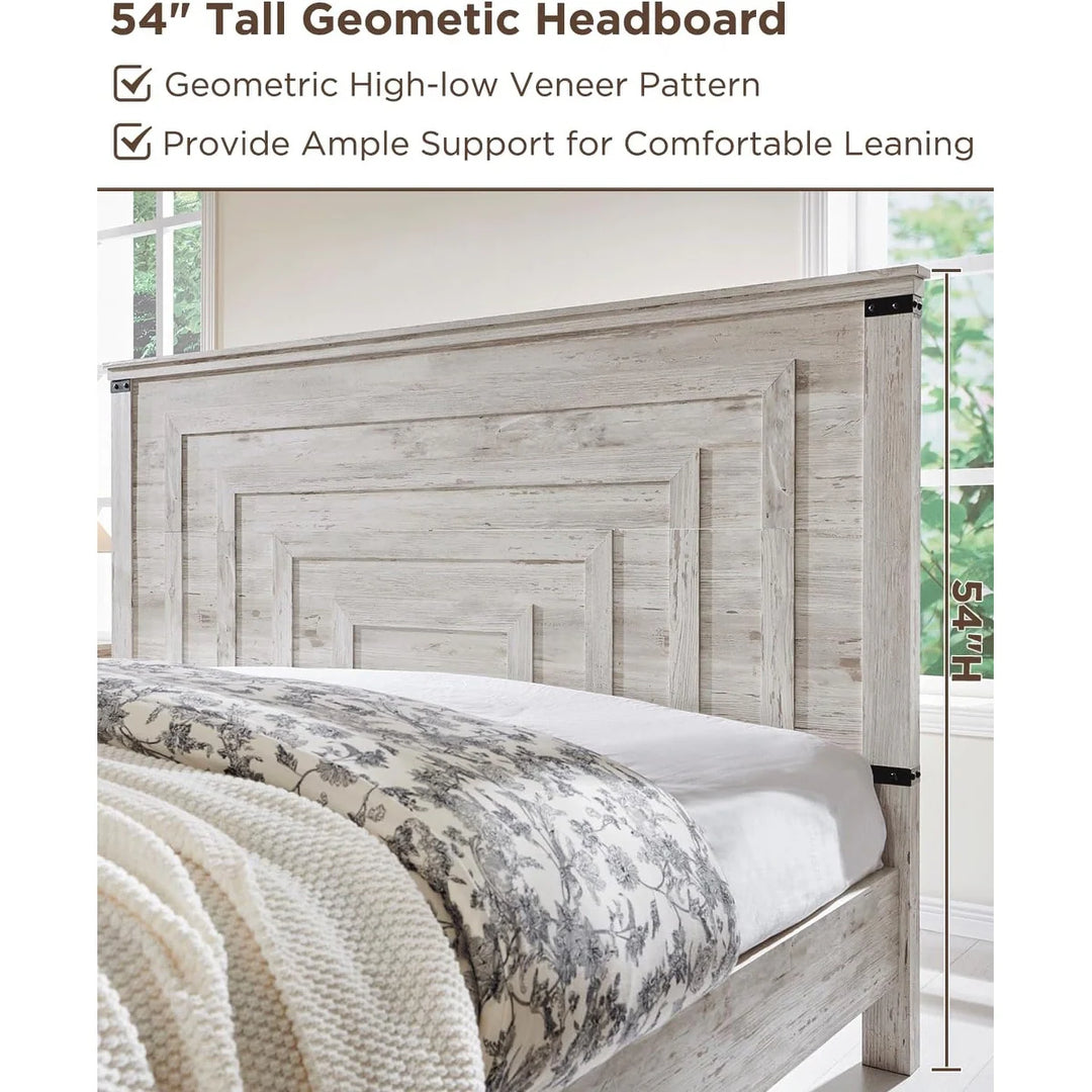 Farmhouse Wood Bed Frame with 54" Tall Headboard, 2 Large Drawers