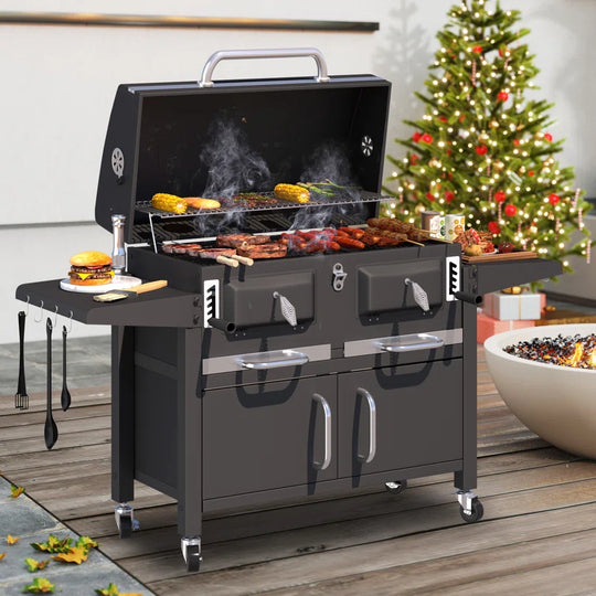 37.8" Dual Zone Charcoal Bbq Grill with Adjustable Charcoal Trays and 2 Foldable Side Table