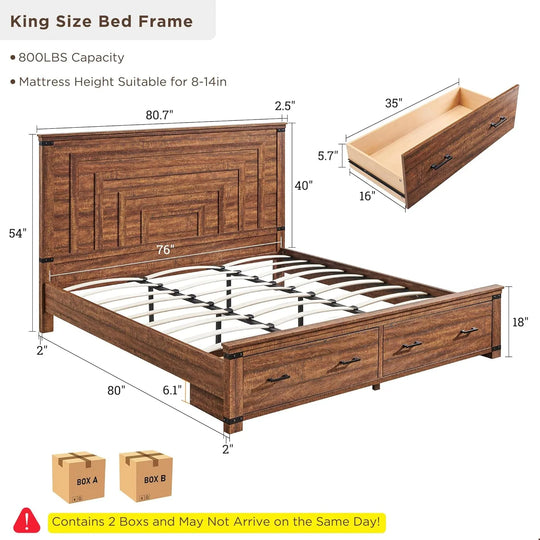 Farmhouse Wood Bed Frame with 54" Tall Headboard, 2 Large Drawers