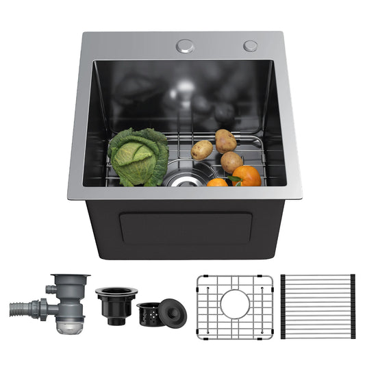 33 Inch Drop in Kitchen Sink Top Mount Stainless Steel Black Sink W/Sink Protector Single Bowl Drop-In Sink for Workstation