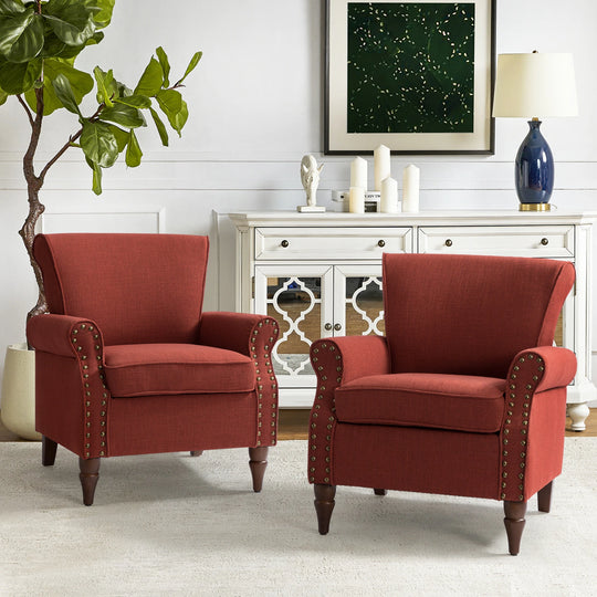 Nyctelius Upholstered Comfy Accent Chair with Turned Wooden Legs and Nailhead Trim Set of 2 by