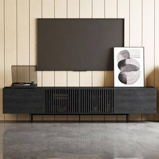 94.48 Inch Extra Long Black TV Stand with Slatted Doors, Modern Entertainment Center for Tvs up to 100 Inches,