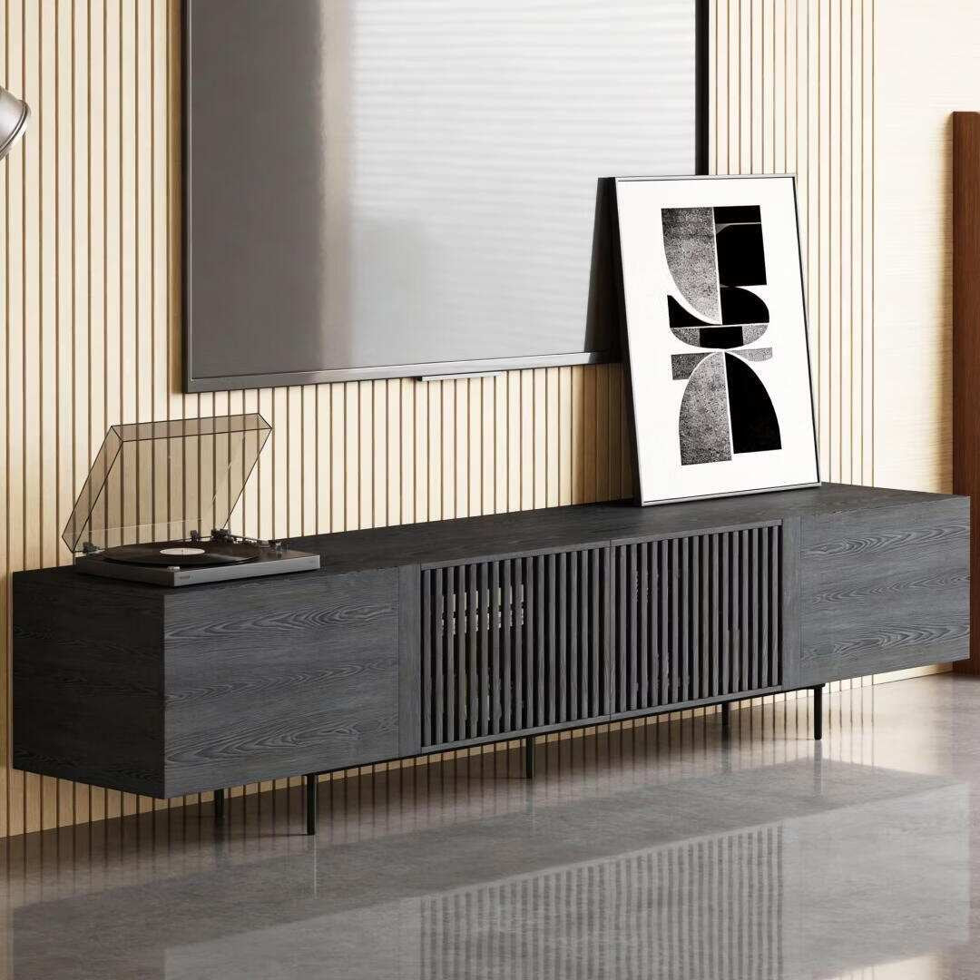 94.48 Inch Extra Long Black TV Stand with Slatted Doors, Modern Entertainment Center for Tvs up to 100 Inches,