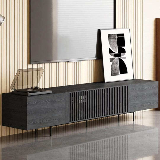 94.48 Inch Extra Long Black TV Stand with Slatted Doors, Modern Entertainment Center for Tvs up to 100 Inches,
