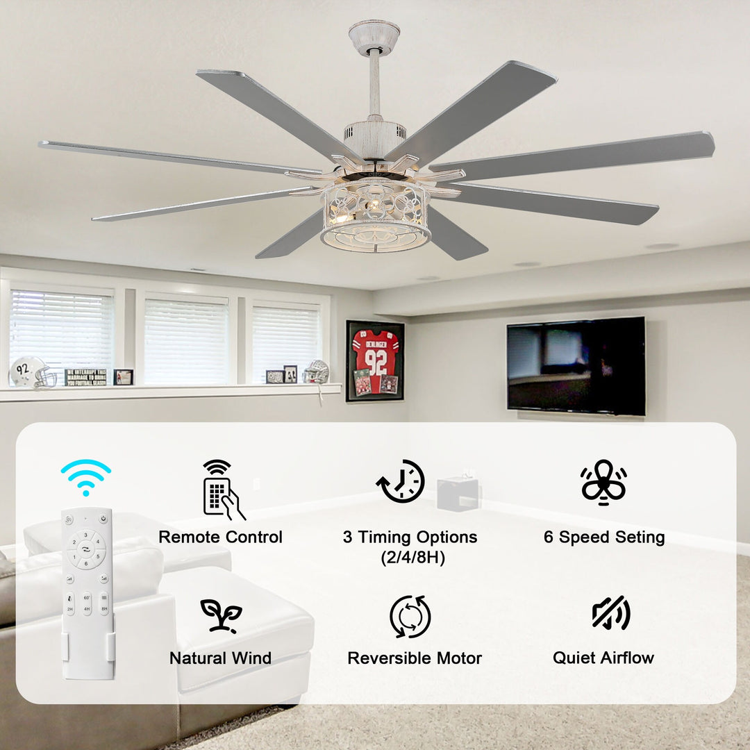 72" Rustic Large Ceiling Fan with Light and Remote 6-Speed 3-Light Farmhouse Metal Caged Black Ceiling Fan