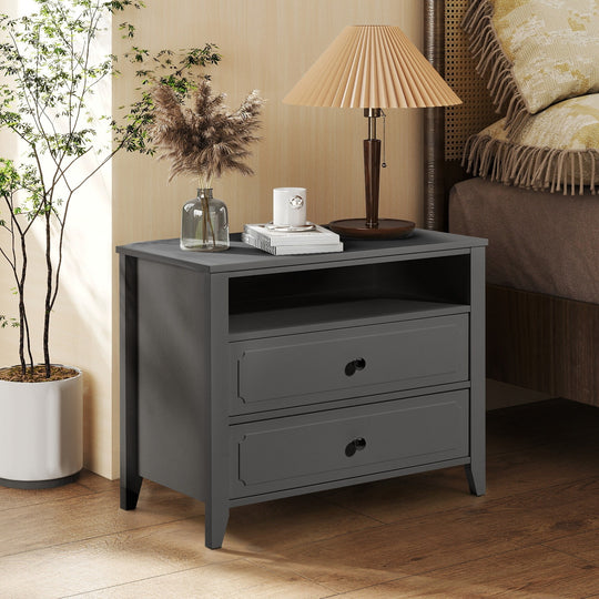 Wide Nightstand – 2‑Drawer Bedside Table with Open Shelf, MDF Wood End Table for Bedroom Living Room