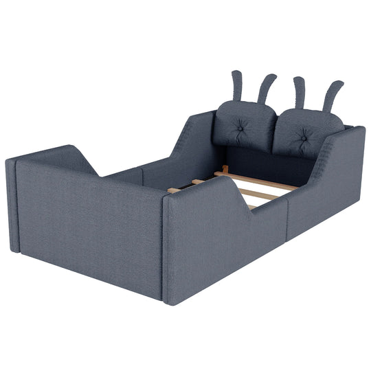 Twin Size Upholstered Platform Bed with Rabbit Cushion, Floor Upholstered Bed with Removable Side Rails