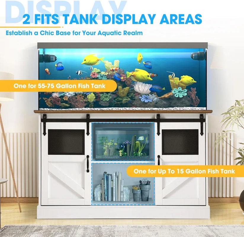 55-75 Gallon Fish Tank Stand with Power Outlet, Heavy Duty Large Aquarium Stand with Sliding Barn Door and Cabinet Storage for 2 Fish Tank Turtle Tank Reptile Terrarium, 1000Lbs Capacity