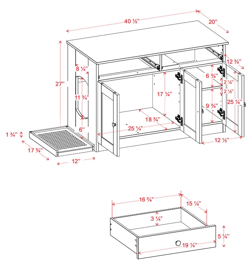 Palace Imports 100% Solid Wood Haajarah 3-Door Cat Litter Enclosure with 2-Drawers and Litter Catch