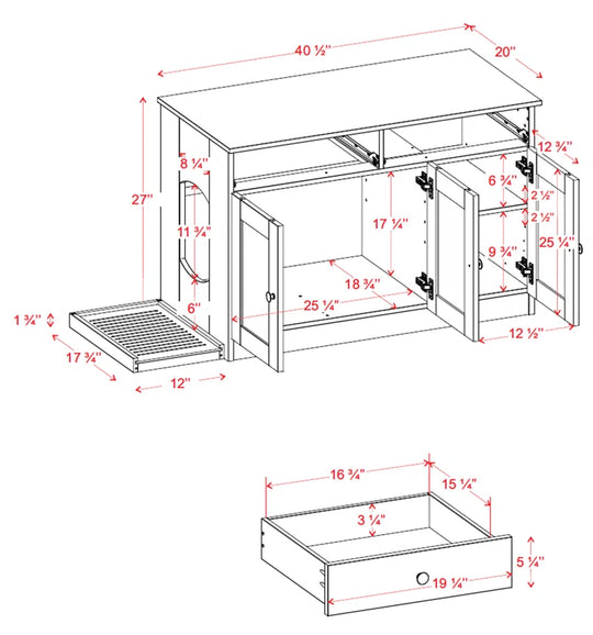 Palace Imports 100% Solid Wood Haajarah 3-Door Cat Litter Enclosure with 2-Drawers and Litter Catch