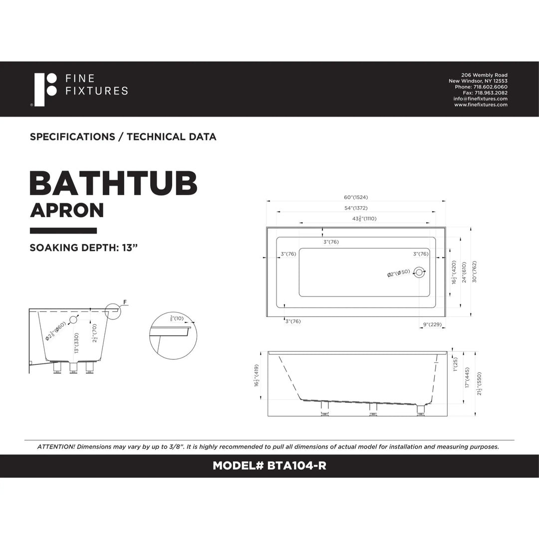 Acrylic-Fiberglass Soaking Bathtub, White. Alcove/Apron Front
