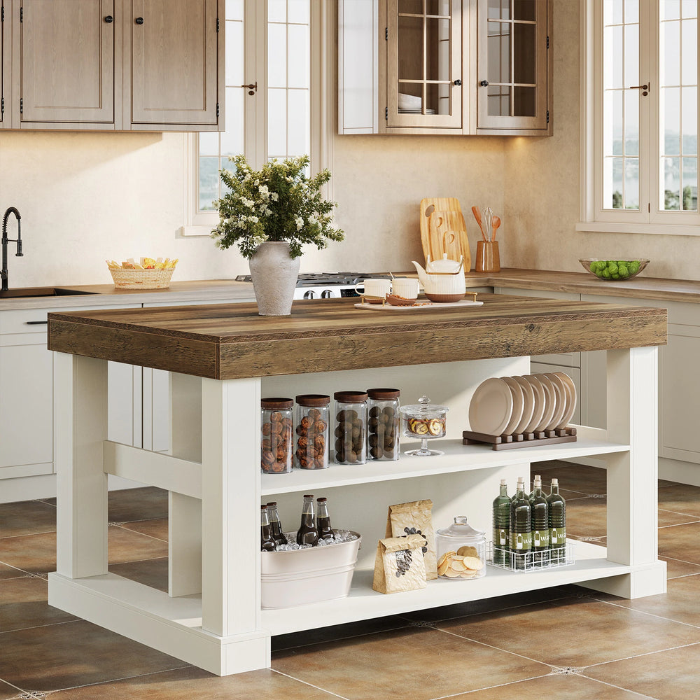 55-Inch Stationary Kitchen Island with Storage Shelves and Large Worktop, Farmhouse Style, Light Brown