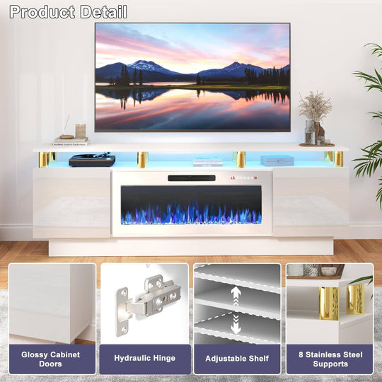 70" Modern Electric Fireplace TV Stand, with Electronic Flame and LED Lights, High Gloss Finish Entertainment Center