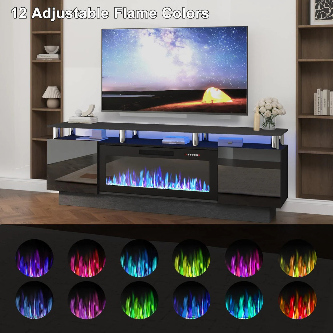70" Modern Electric Fireplace TV Stand, with Electronic Flame and LED Lights, High Gloss Finish Entertainment Center