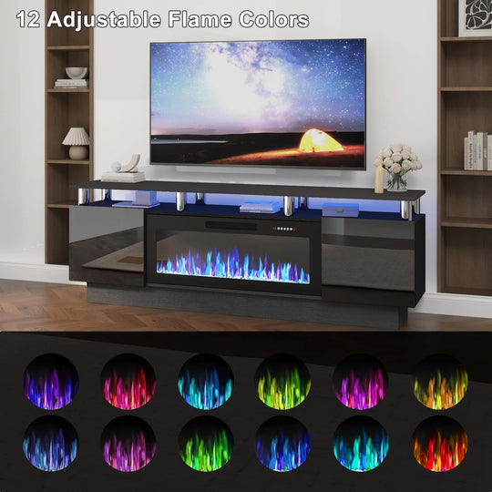 70" Modern Electric Fireplace TV Stand, with Electronic Flame and LED Lights, High Gloss Finish Entertainment Center