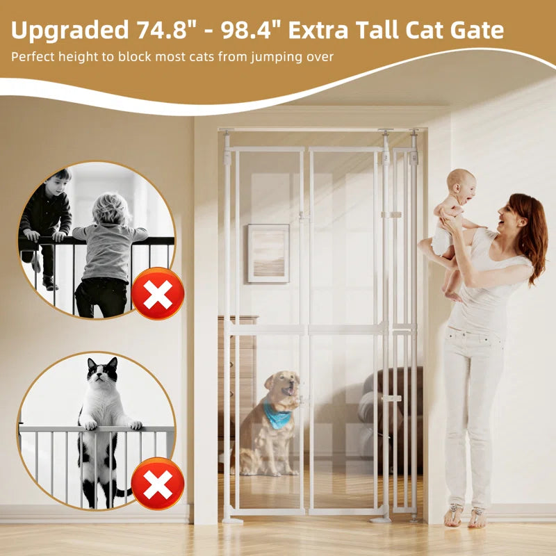75"-98" Extra Tall Cat Gate, Clear Width Adjustable Pressure Mounted Pet Safety Gate with Auto-Close, No Drilling for Stairs, Kitchen, Hallway