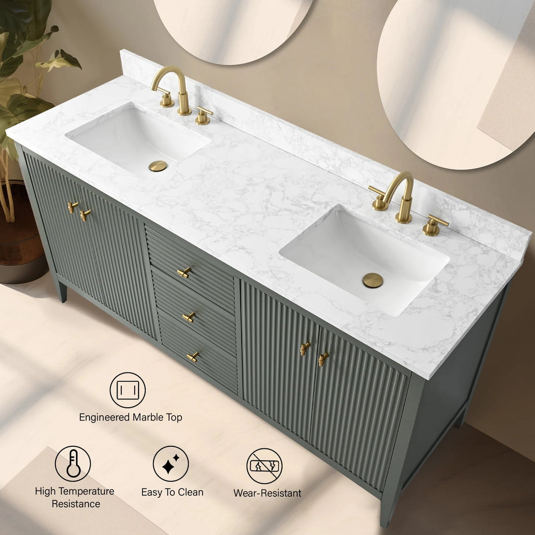 72" Double Sink Bathroom Vanity Cabinet with Engineered Marble Top