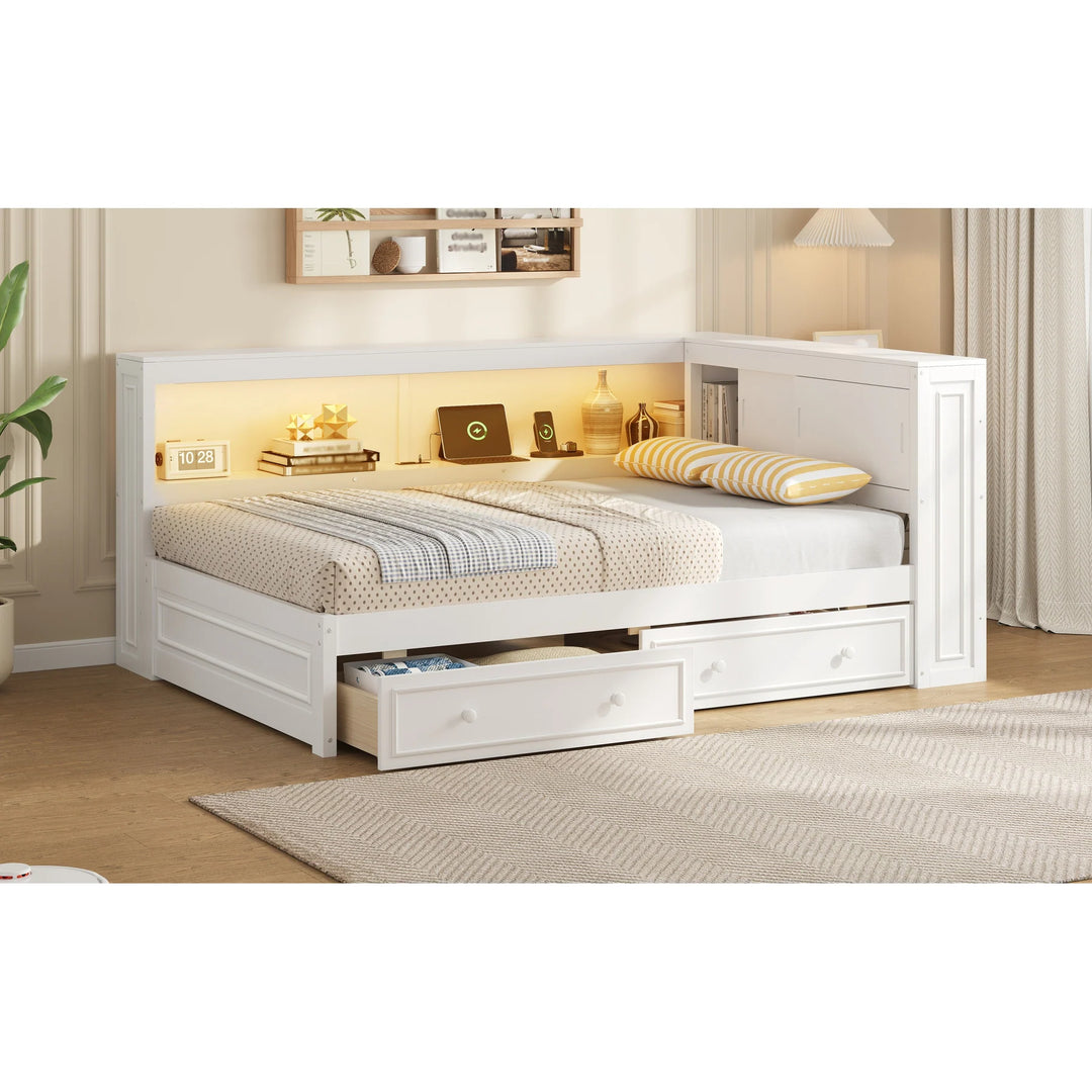 Full Size Wood Daybed with Storage Shelves, USB, LED, and 2 Drawers