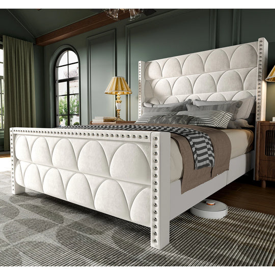 Hansabenne Solid Wood Bed Frame Queen and King Platform Bed Frame with Headboard White and Gray