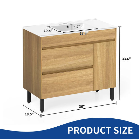 37" Freestanding Single Bathroom Vanity with 1 Soft Closing Cabinet & 2 Drawers