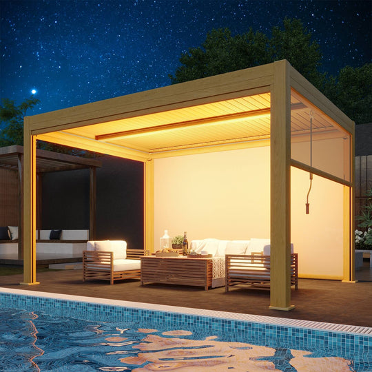 Outdoor Louvered Pergola Gazebo with Adjustable Aluminum Rainproof Roof and Pull-Down Screen
