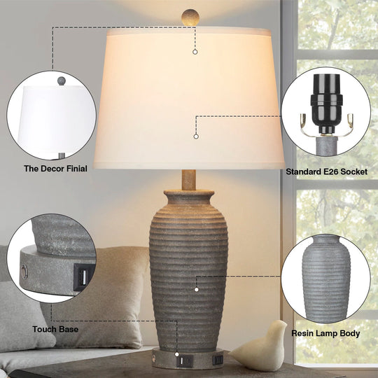 Set of 2 Bedside Resin Table Lamps with 3-Way Touch Control and Dual USB Ports