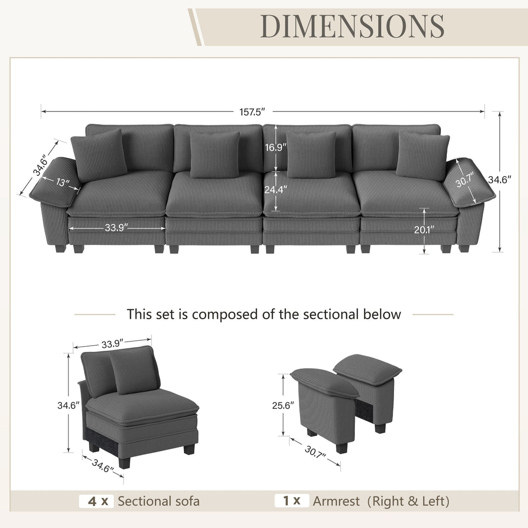 Cloud Modular Deep Seat Sofa, Chenille or Corduroy Sectional Couch with Removable Arms, 1–4 Seater
