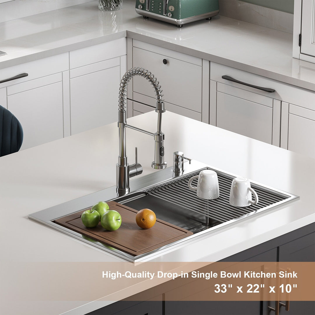 Stillsteel 33 In. Drop-In Single Bowl 18-Gauge Stainless Steel Workstation Kitchen Sink with Accessories
