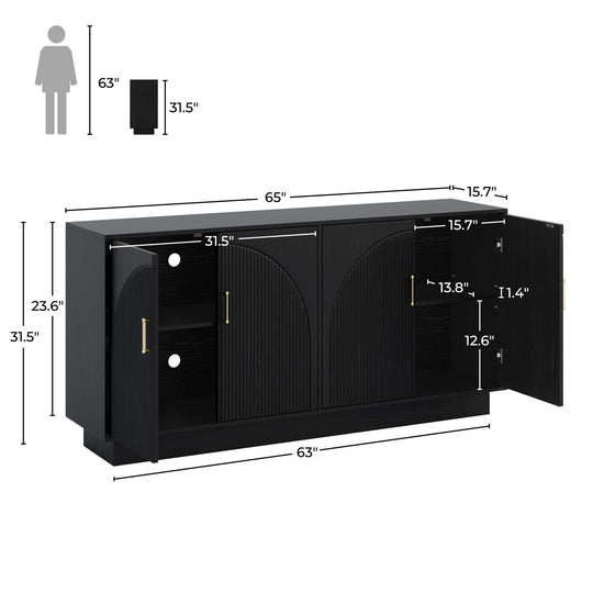 Mid-Century Fluted TV Stand with Storage Fits Tvs up to 75", Entryway Console, Sideboard - 15.7"D X 65"W X 31.5"H