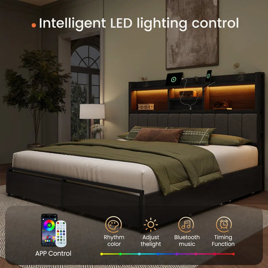 Bed Frame with 6 Storage Drawers, Linen Upholstered Headboard, Built in Charging Station and Led