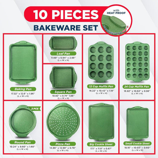 BAKKEN Kitchen Baking Pan Set - Nonstick Green Marble Coating, Carbon Steel Bakeware Sets with Green Silicone Handles,