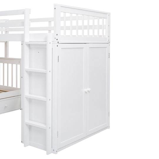 L-Shaped Bunk Bed with Three Drawers, Portable Desk and Wardrobe, Twin-Twin over Full Design