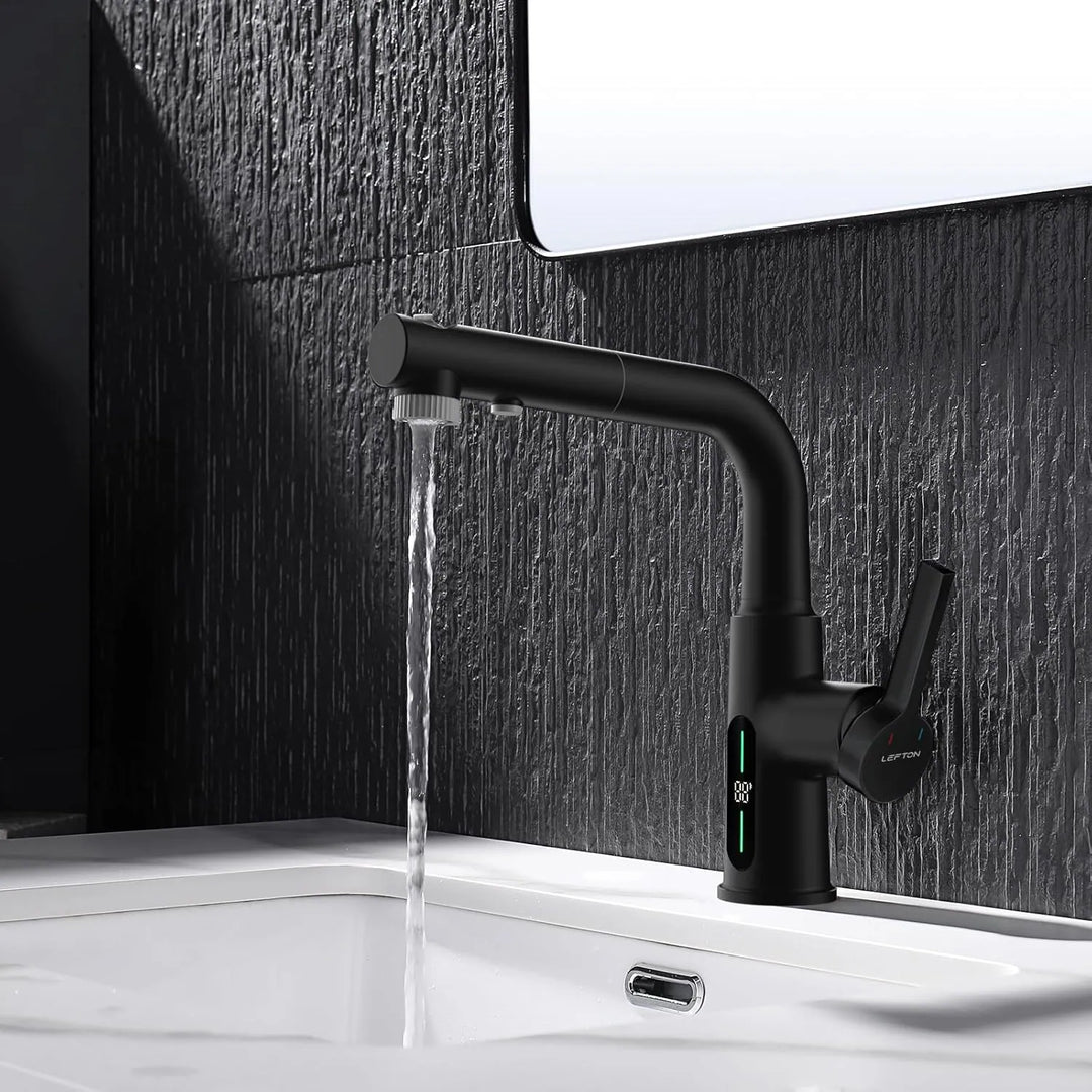 Single Hole Liftable Bathroom Faucet with Temperature Display in Fahrenheit, 3 Water Modes, BF2501
