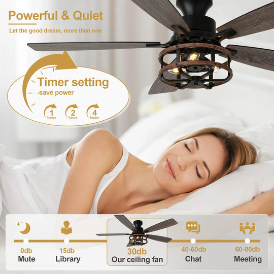 52-In Farmhouse Black Caged Ceiling Fan with Lights and Remote Control, Low Profile Flush Mount Chandelier Ceiling Fan