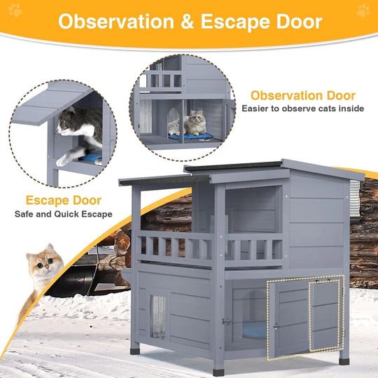 Heated Cat House, 2-Story Insulated Wooden Cat House with Liner, Heated Pad and Escape Door