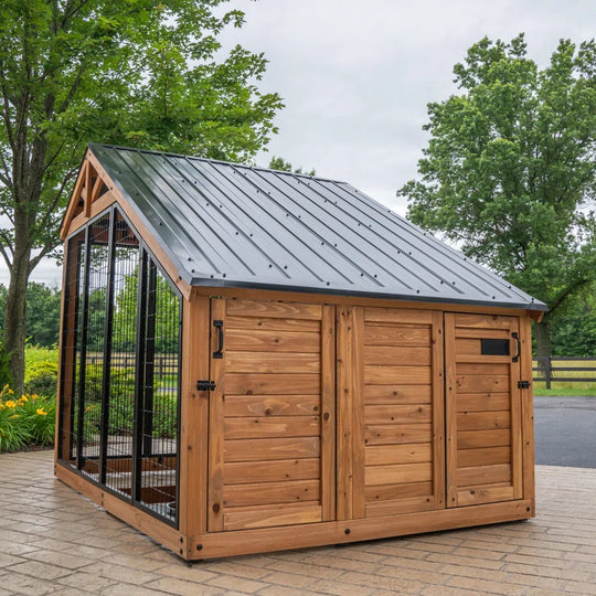 Waggin' Retreat Cedar Wood Outdoor Dog Kennel with Galvanized Steel Roof and Easy-Access Feeding Door
