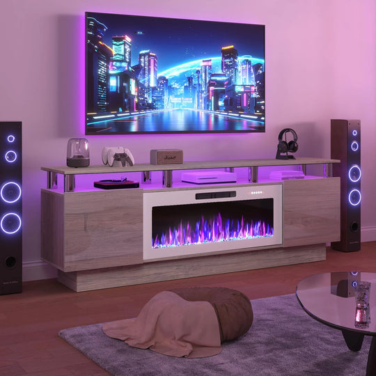 70" Modern Electric Fireplace TV Stand, with Electronic Flame and LED Lights, High Gloss Finish Entertainment Center