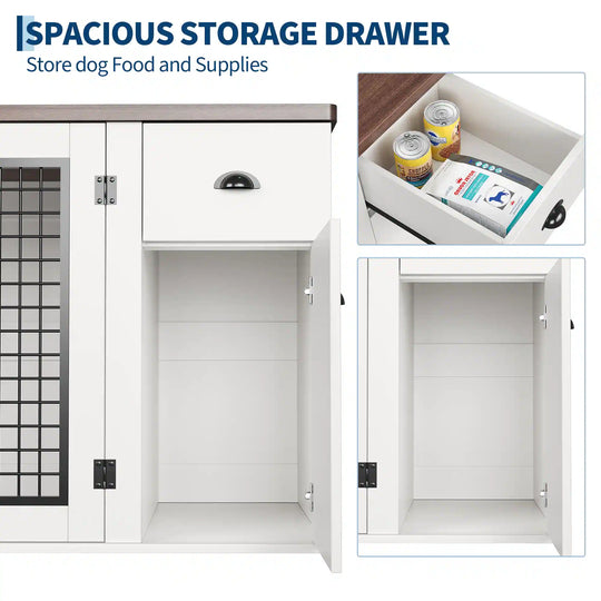 Dog Crate Furniture, with Drawer & Side Cabinet, Pet Kennel for Small to Medium Pet, White