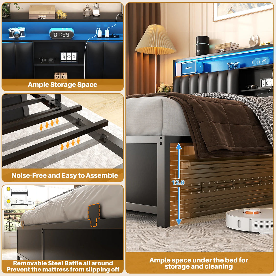 Upholstered Bed Frame with Storage Shelving, Platform Beds with Charge Station and LED Lights