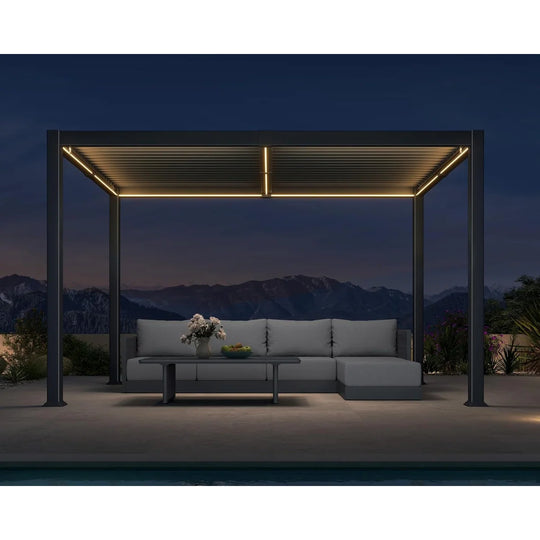 Solar Louvered Pergola with LED String Lights Aluminum Outdoor Pergola with Adjustable Roof for Patio Garden