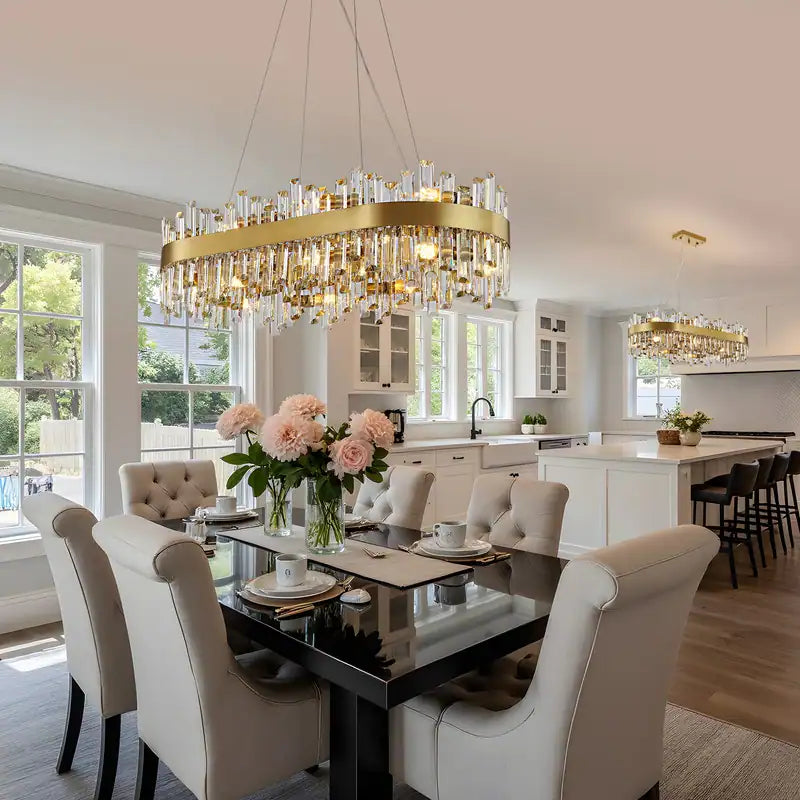 36 In. Modern Crystal Chandeliers 16-Light Brass Gold Rectangular Chandelier Glam Oval Pendant Light for Dining Living Room