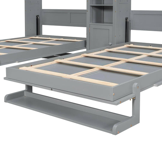 Dual Twin Size Wall Murphy Beds with Cabinets and Shelves, Space-Saving Design