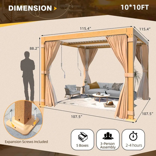 Outdoor Louvered Pergola Gazebo with Adjustable Aluminum Rainproof Roof and Pull-Down Screen