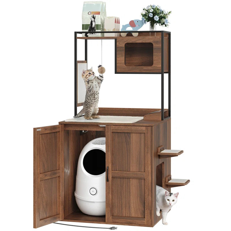 Cat Tower with Litter Box Enclosure with Shelves and Charging Station