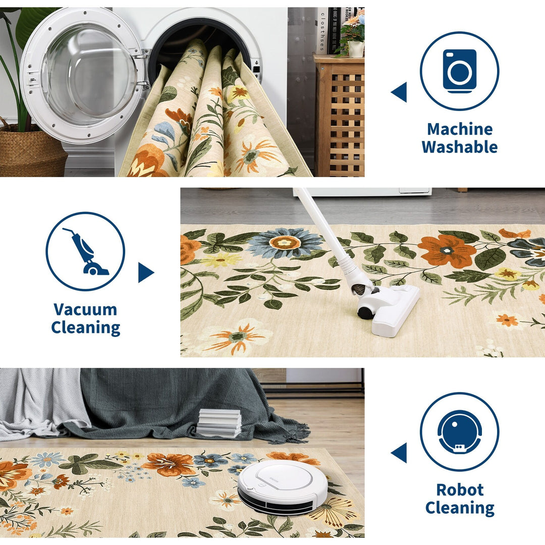 Floral Rugs Modern Indoor Soft Ultra-Thin Carpet Low Pile Flower Print Non Slip Throw Rug for Nursery Bedroom