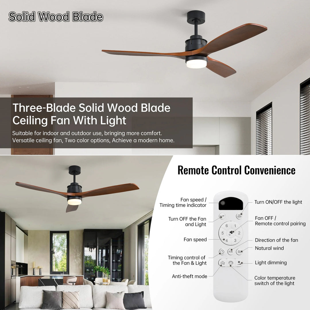 Sofucor 42"/48"/ 52"/60"Noiseless Walnut Wood Ceiling Fan with Remote Control, Integrated Light Optional