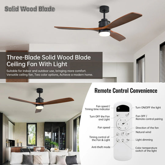 Sofucor 42"/48"/ 52"/60"Noiseless Walnut Wood Ceiling Fan with Remote Control, Integrated Light Optional