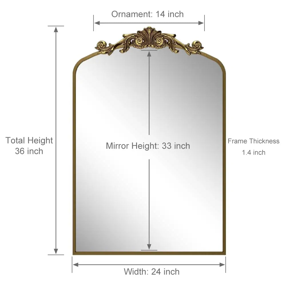 Arched Vintage Wall Mirror and Metal Frame Baroque Style Bathroom Vanity Mirror
