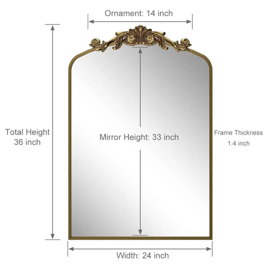 Arched Vintage Wall Mirror and Metal Frame Baroque Style Bathroom Vanity Mirror